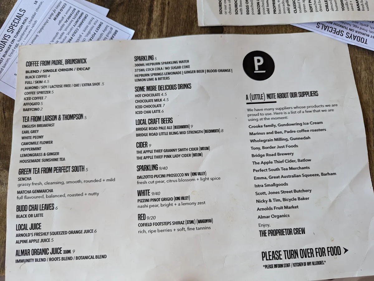 Menu, The Proprietor