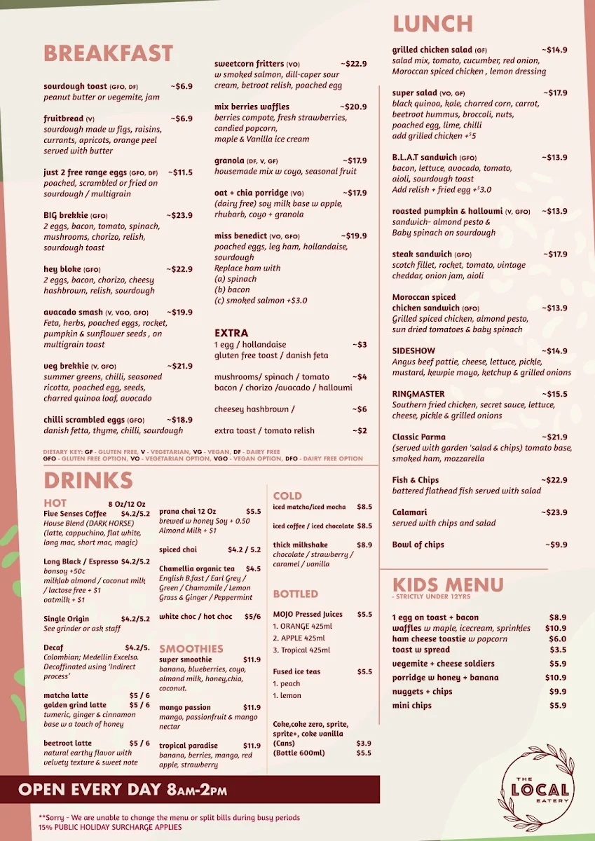Menu, The Local Eatery Cafe, Bar & Restaurant