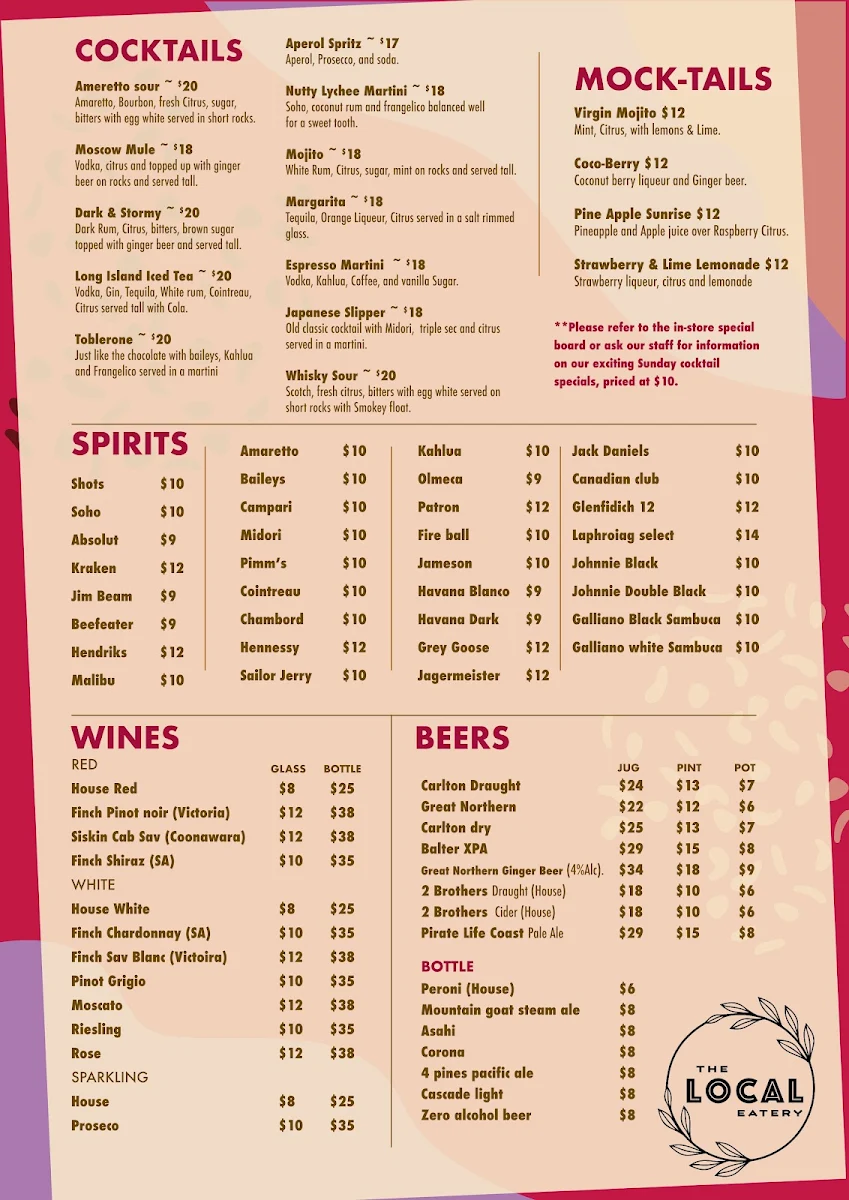Menu, The Local Eatery Cafe, Bar & Restaurant