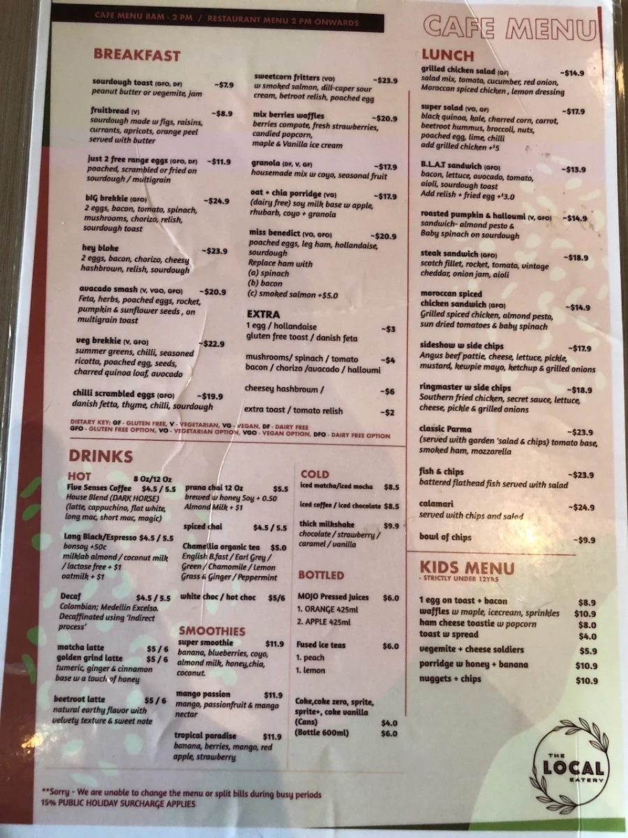 Menu, The Local Eatery Cafe, Bar & Restaurant
