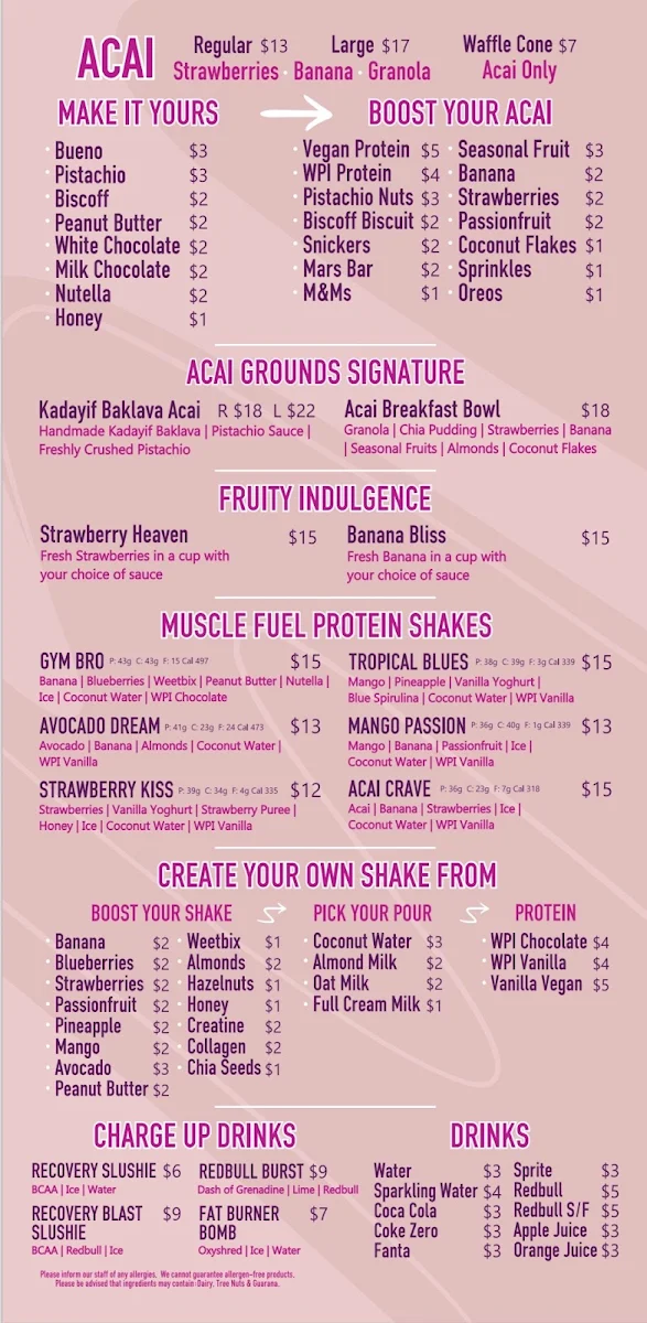 Menu, Acai Grounds