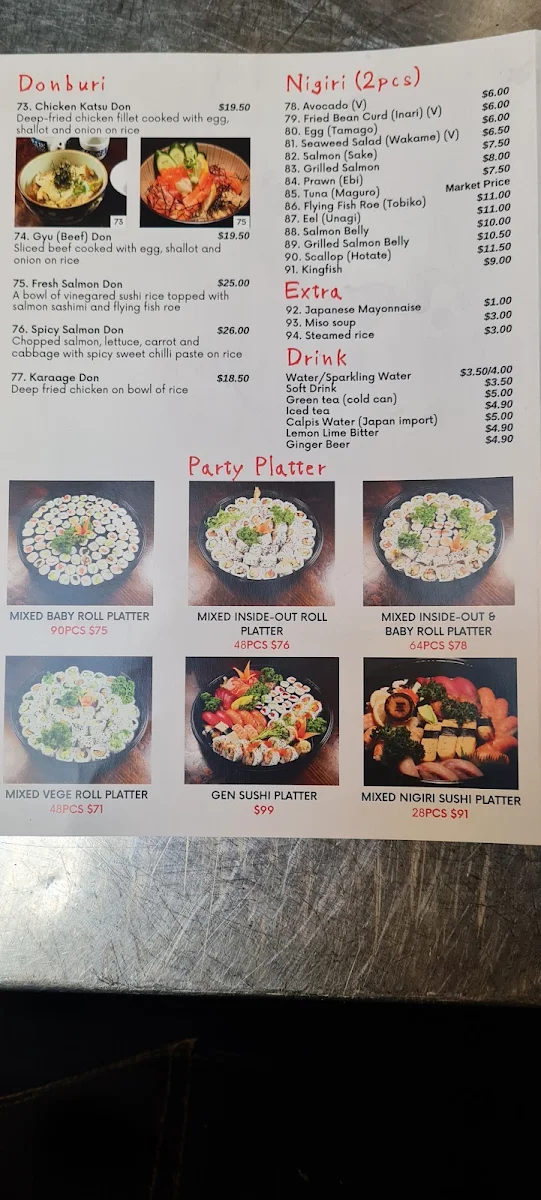 Menu, Sushi Gen