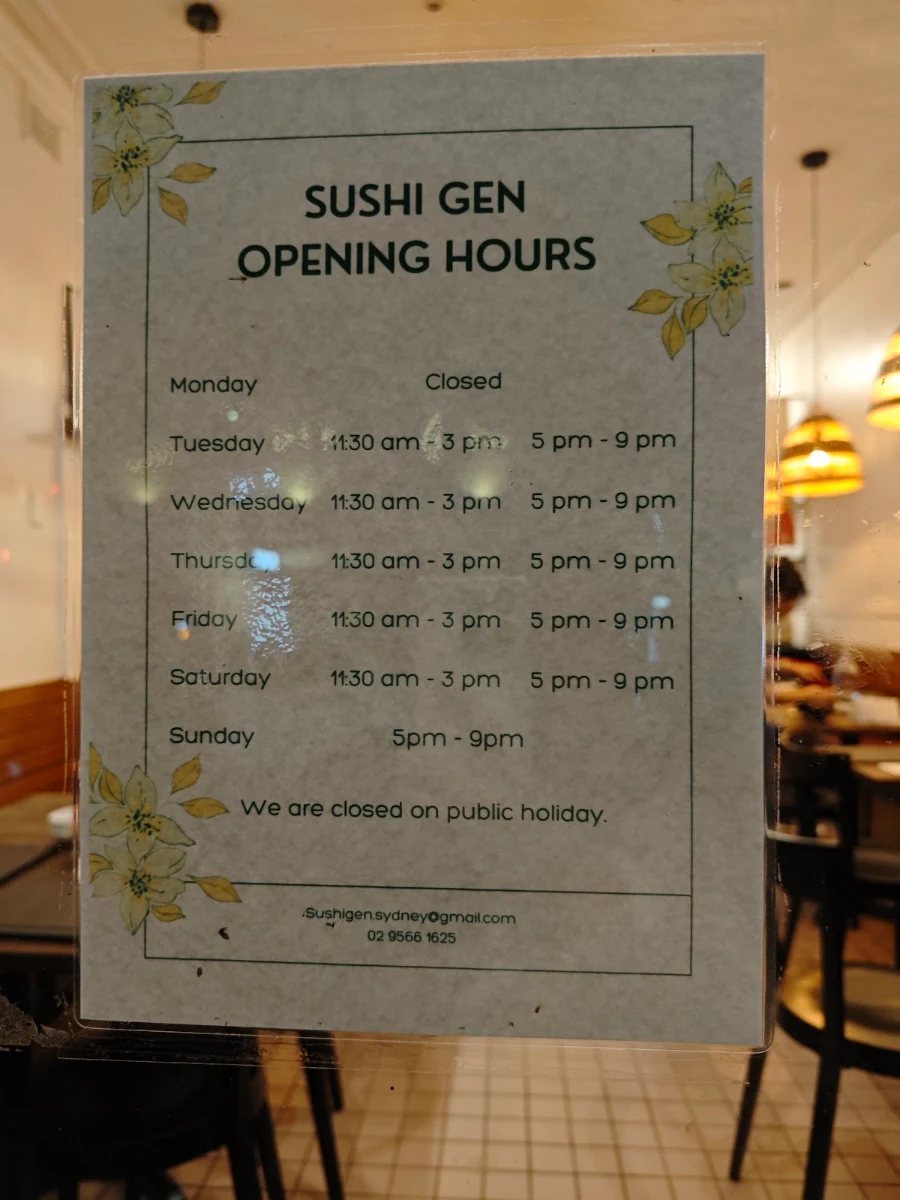 Menu, Sushi Gen
