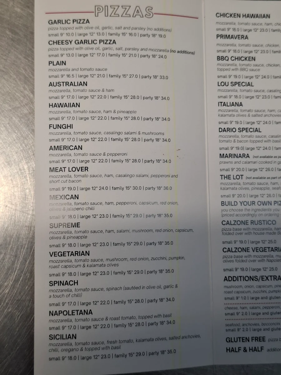 Menu, Pizza All'Italiana
