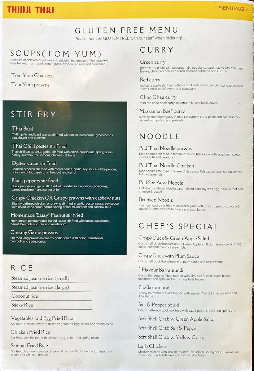 Menu, Thida Thai restaurant