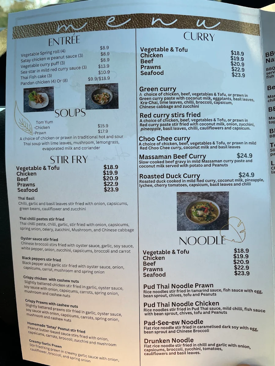 Menu, Thida Thai restaurant