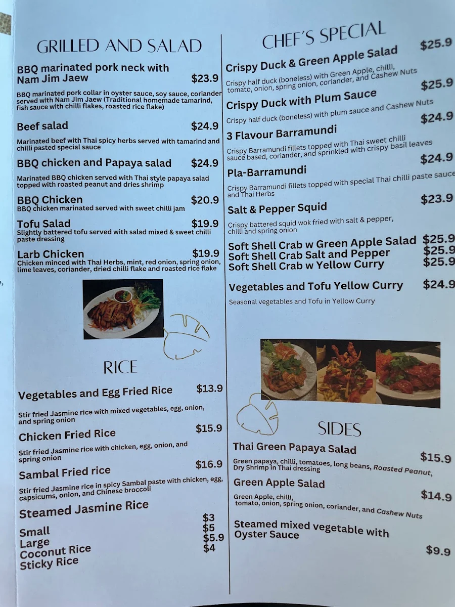 Menu, Thida Thai restaurant