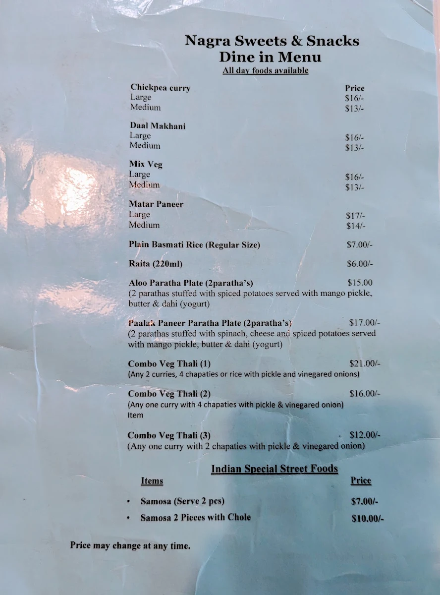 Menu, Nagra Sweets & Snacks