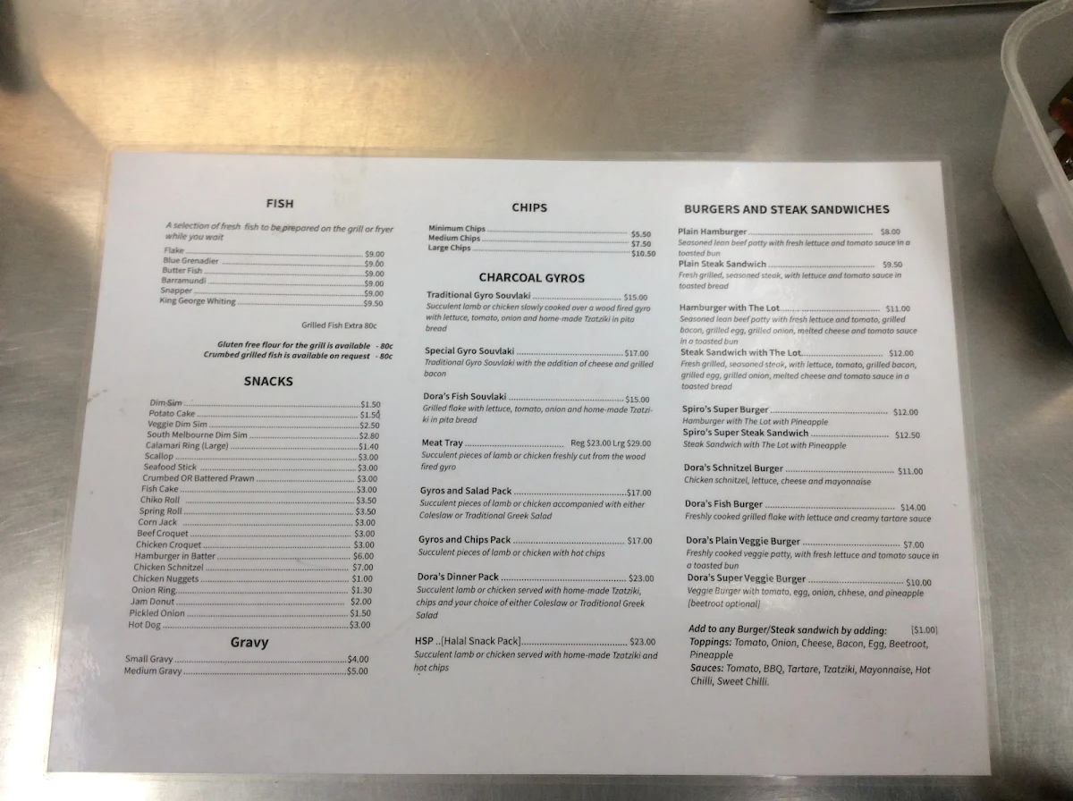 Menu, Spiros Fish & Chips