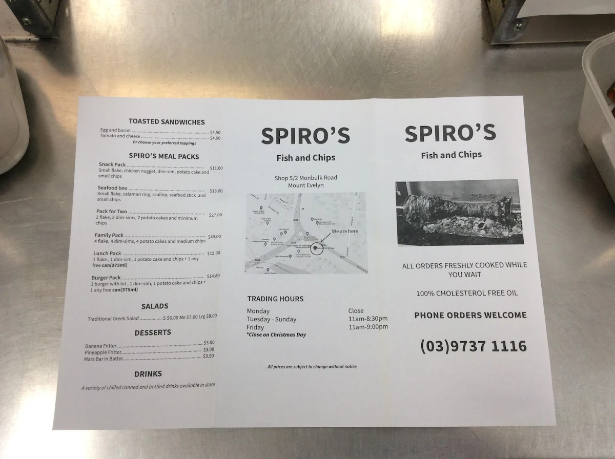 Menu, Spiros Fish & Chips