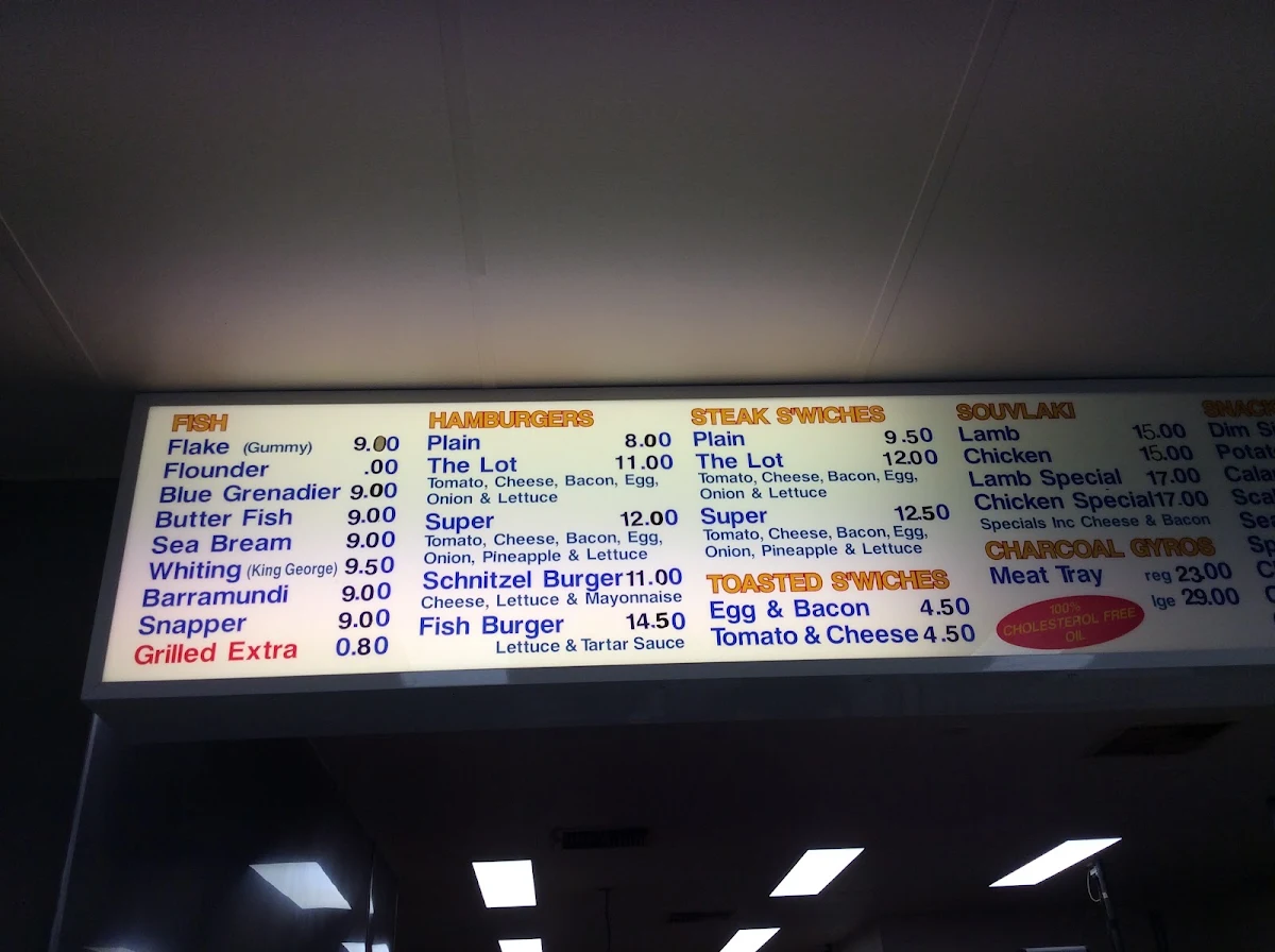 Menu, Spiros Fish & Chips