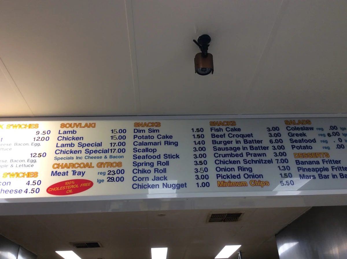 Menu, Spiros Fish & Chips