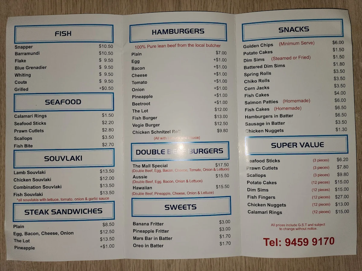Menu, The Mall Fish & Chip Shop