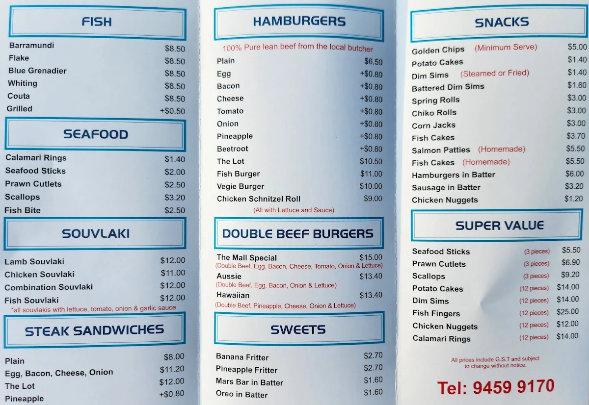 Menu, The Mall Fish & Chip Shop