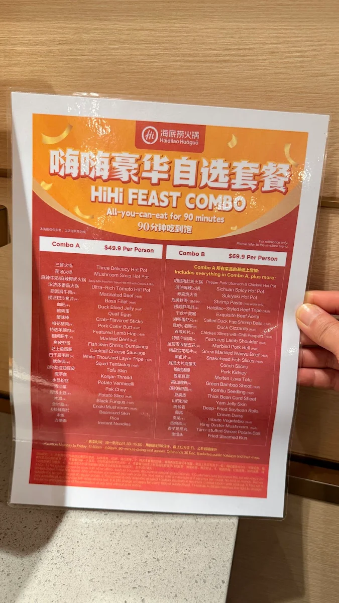 Menu, Haidilao Hotpot Glen Waverley