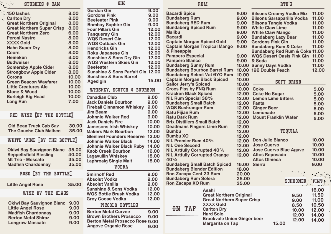 Menu, Chute 1 Longreach