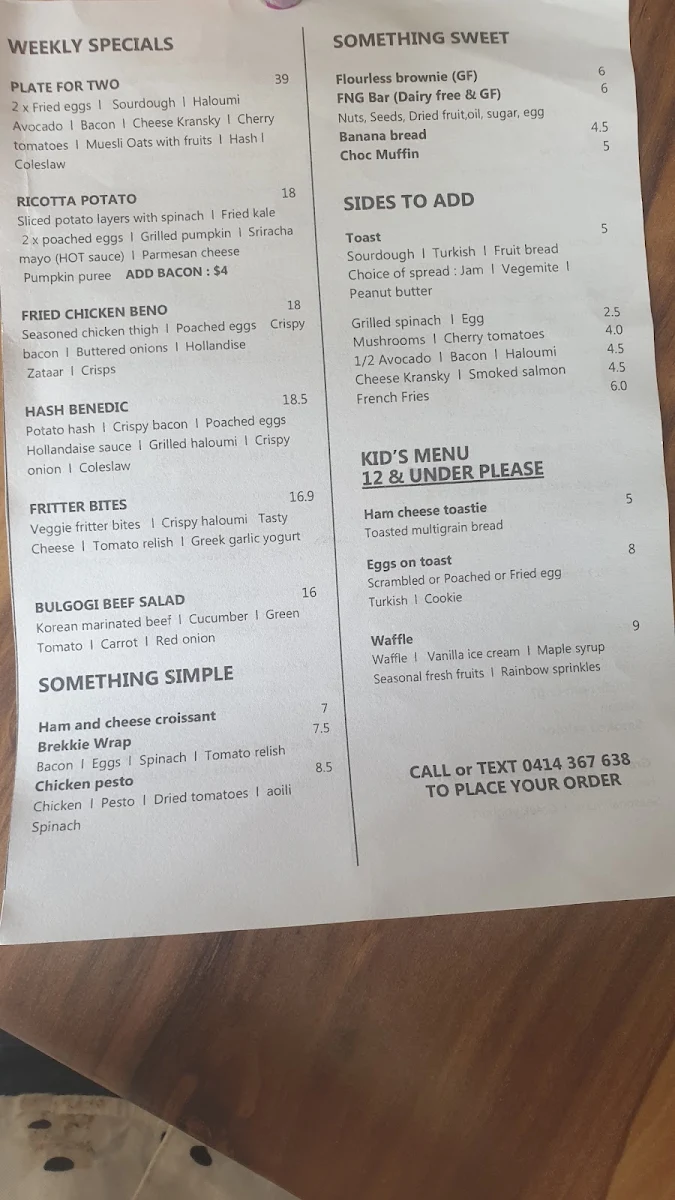 Menu, Evo Cafe