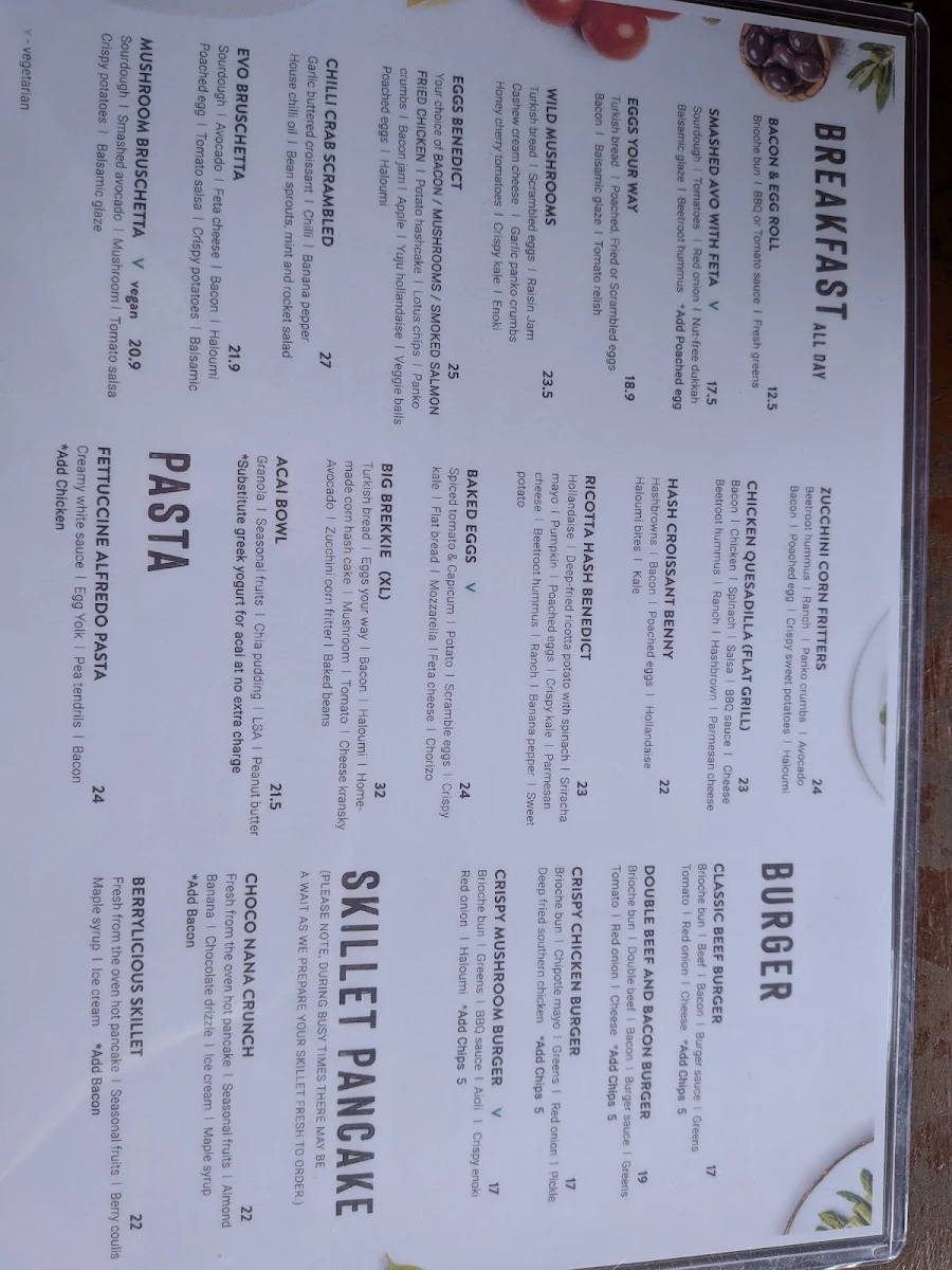 Menu, Evo Cafe