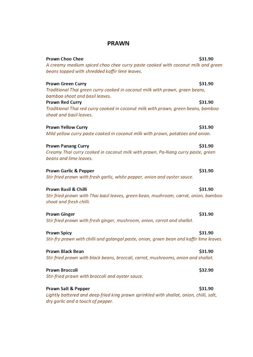 Menu, Tarragindi Thai Restaurant