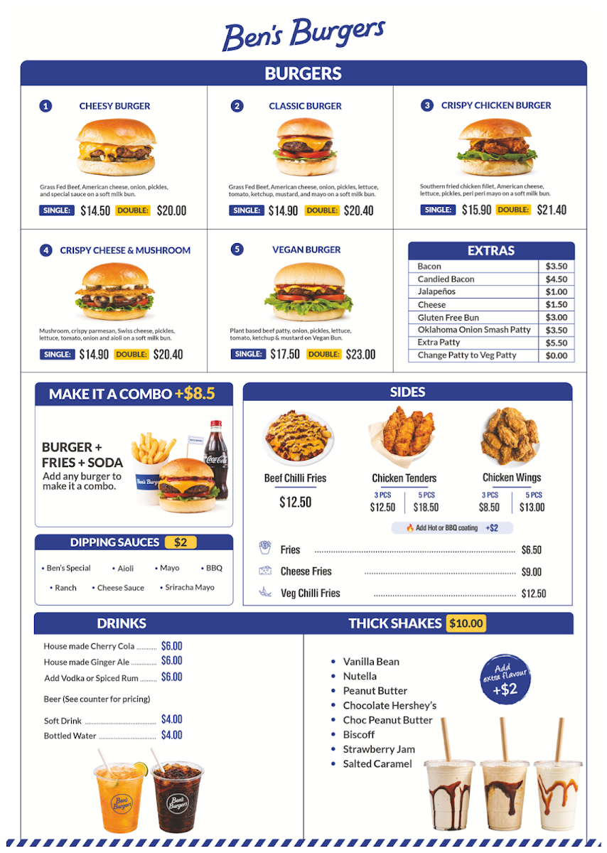 Menu, Ben's Burgers