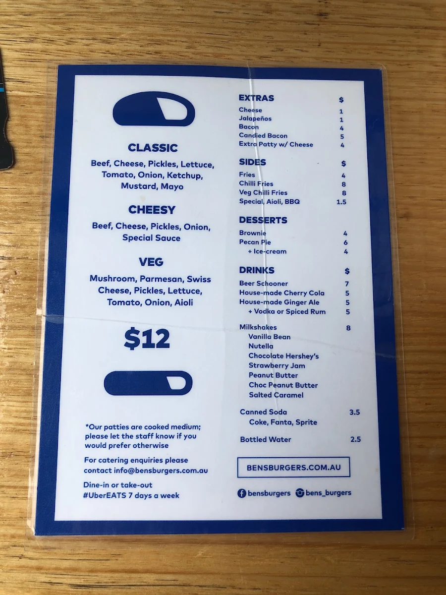 Menu, Ben's Burgers
