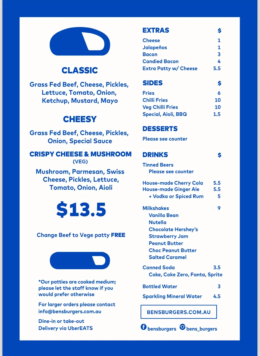 Menu, Ben's Burgers