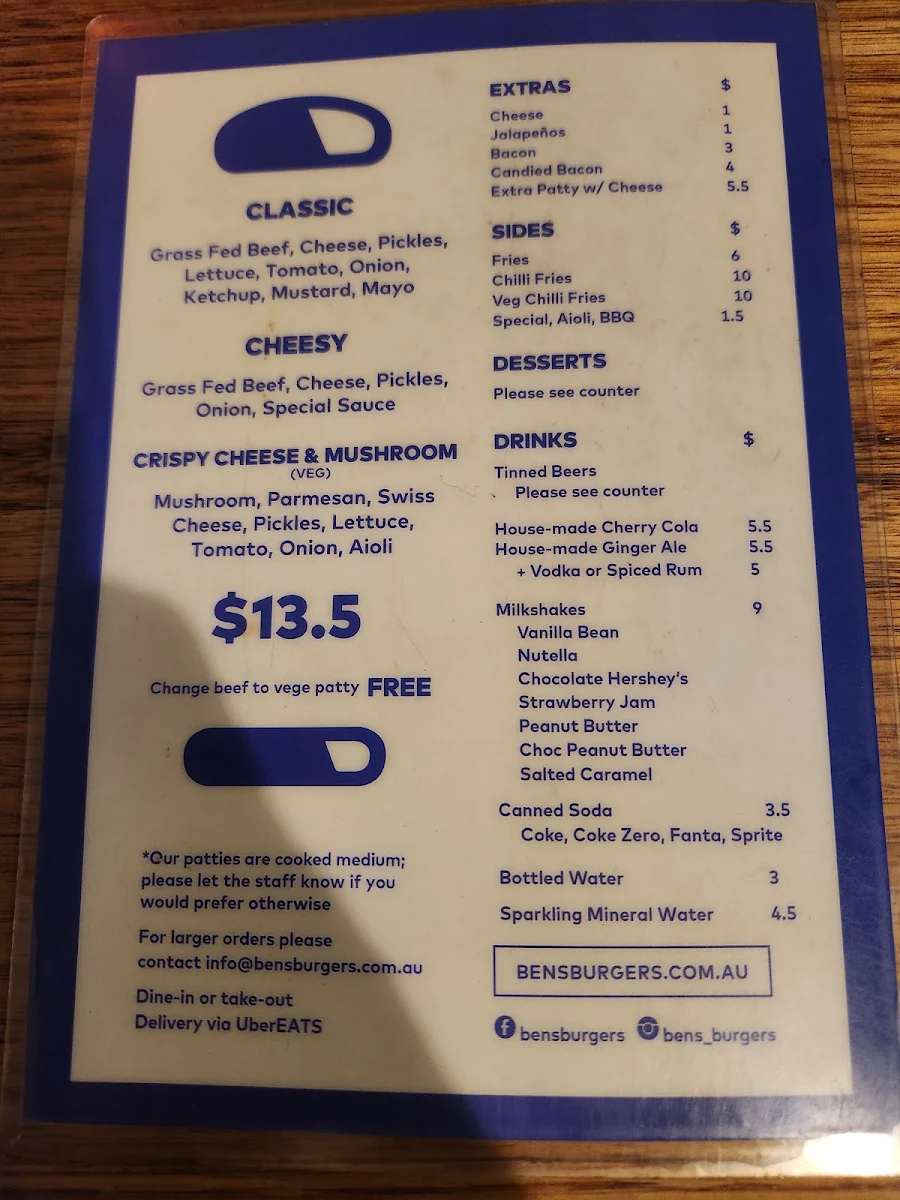 Menu, Ben's Burgers