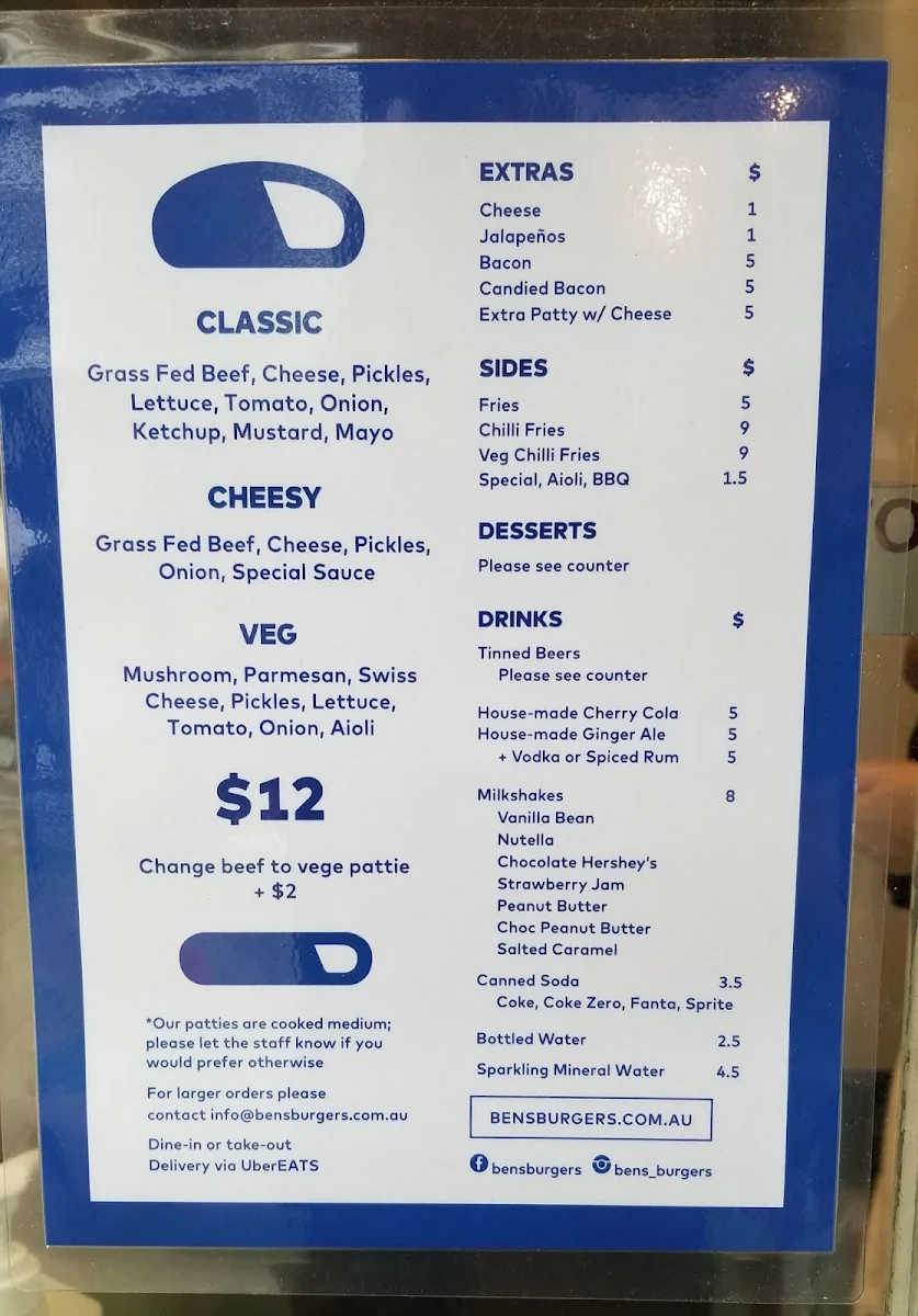 Menu, Ben's Burgers
