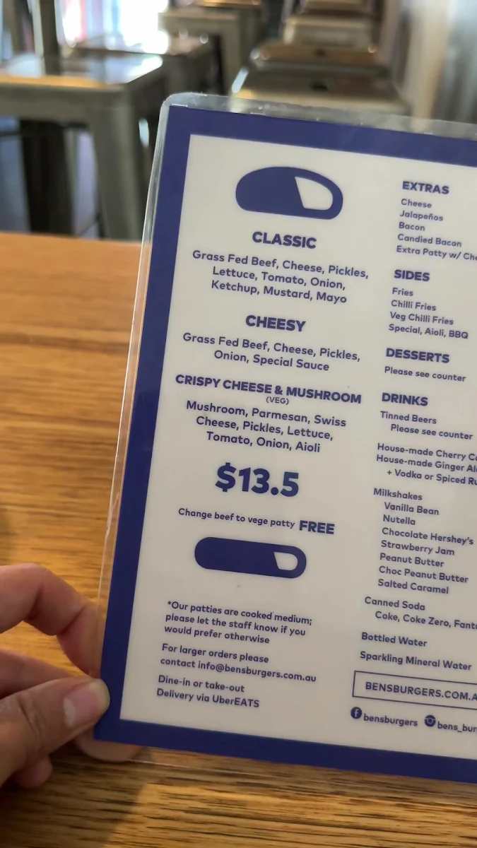 Menu, Ben's Burgers