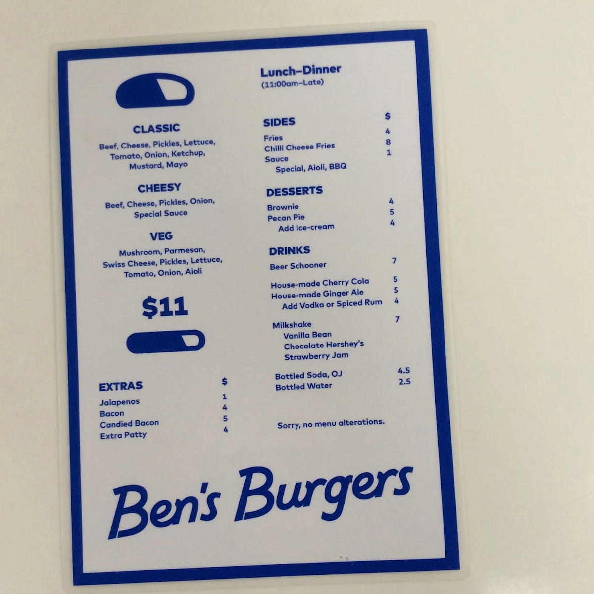Menu, Ben's Burgers