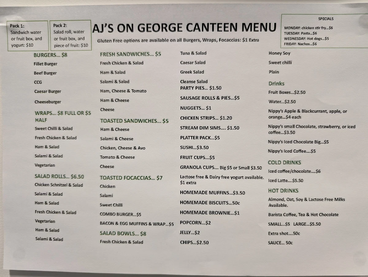 Menu, AJs on George Canteen