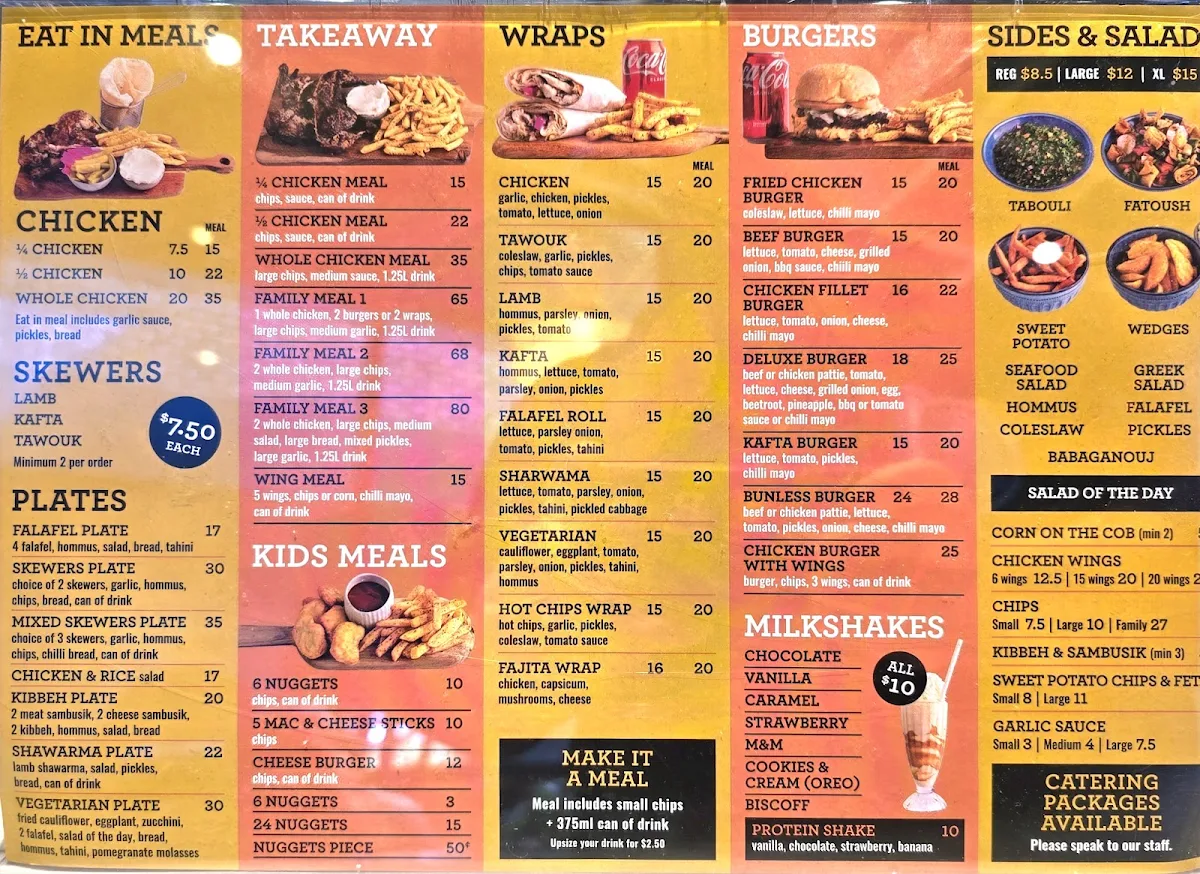 Menu, Paradise Chicken Caddens