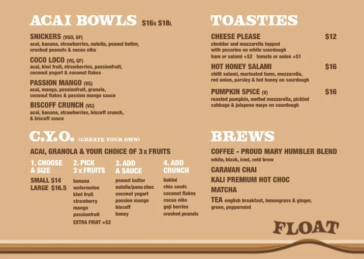 Menu, Float - Açai Bowls, Brews & Brunch