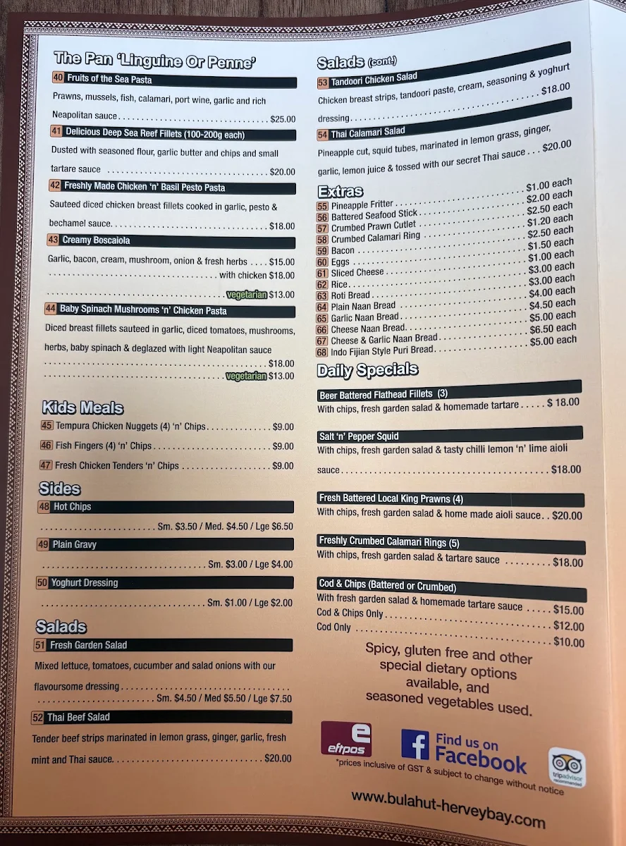 Menu, Bula Hut Taste of Fiji Pty Ltd (previously known as Fish'n'Grill)