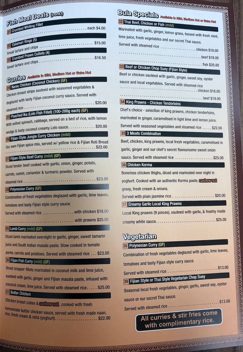 Menu, Bula Hut Taste of Fiji Pty Ltd (previously known as Fish'n'Grill)