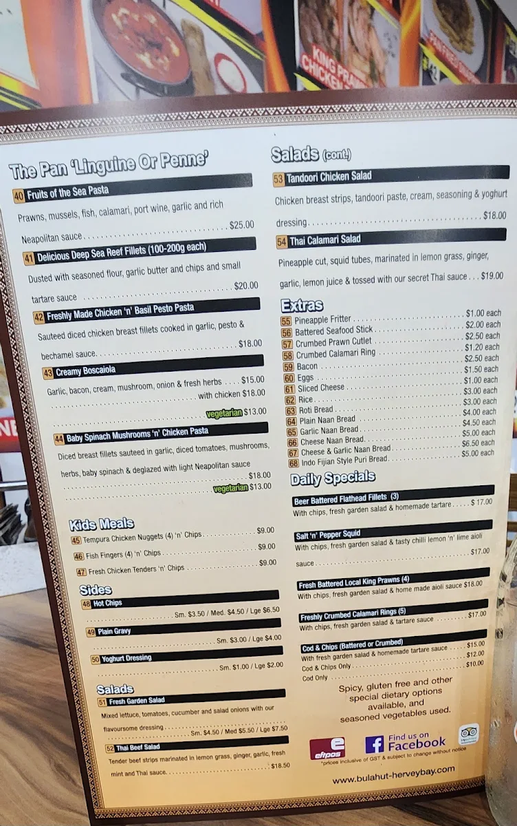 Menu, Bula Hut Taste of Fiji Pty Ltd (previously known as Fish'n'Grill)