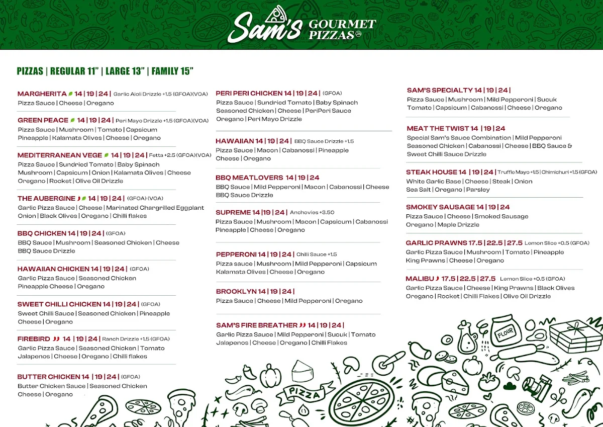 Menu, Sam's Gourmet Pizzas