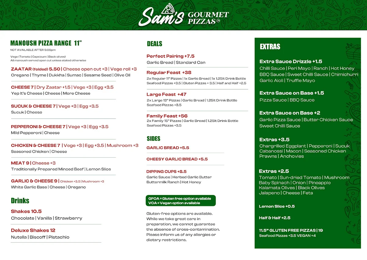 Menu, Sam's Gourmet Pizzas