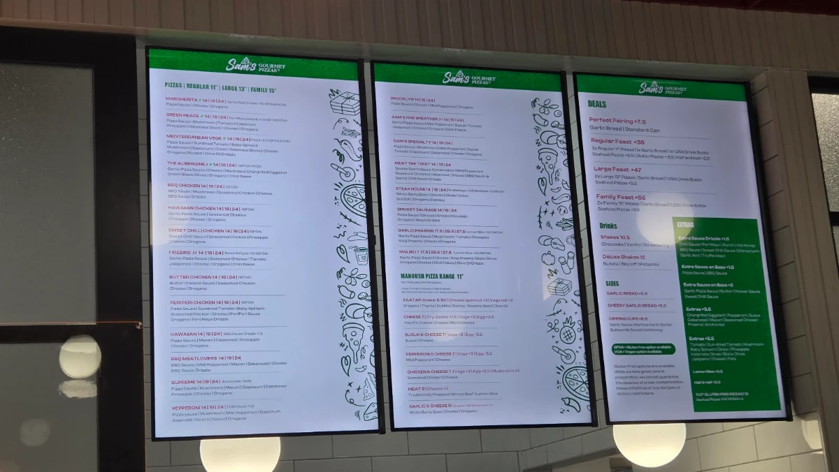 Menu, Sam's Gourmet Pizzas