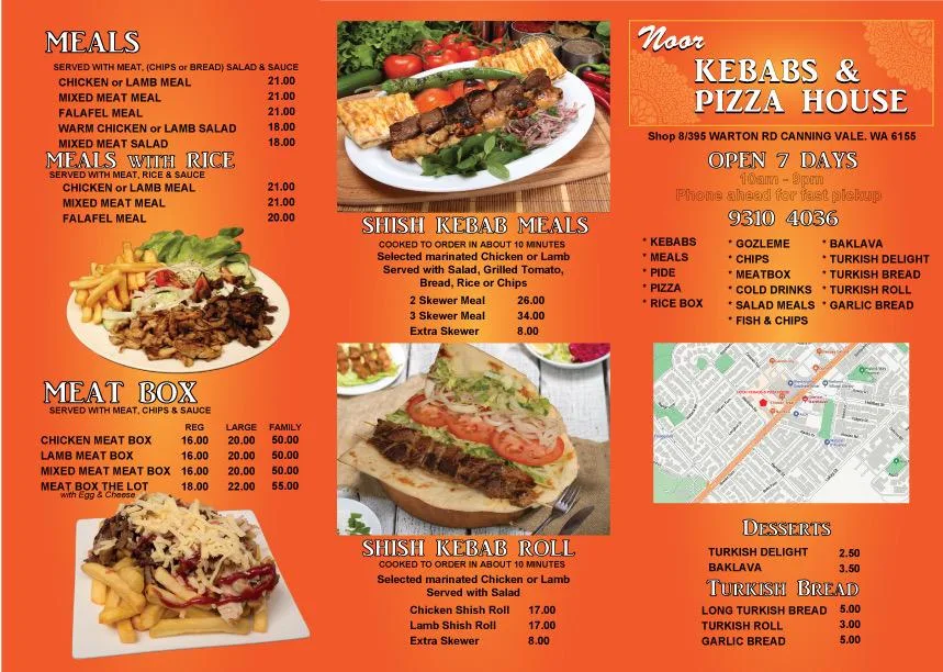 Menu, Noor's kebab and pizza house