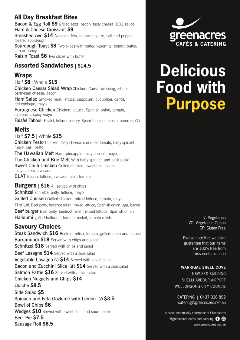 Menu, Greenacres Café & Catering Shell Cove