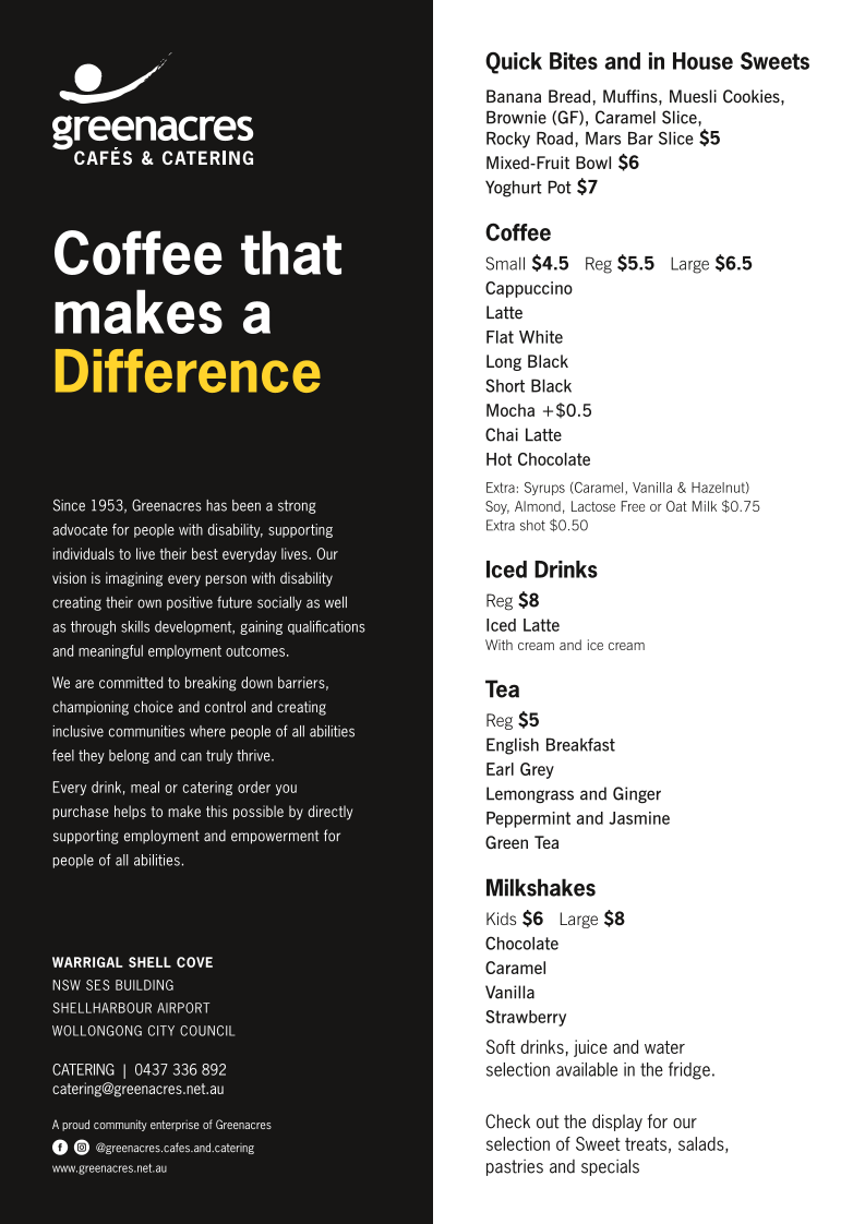 Menu, Greenacres Café & Catering Shell Cove
