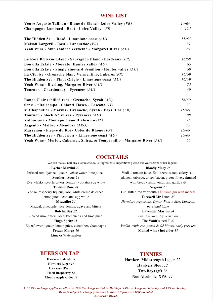 Menu, The Vault