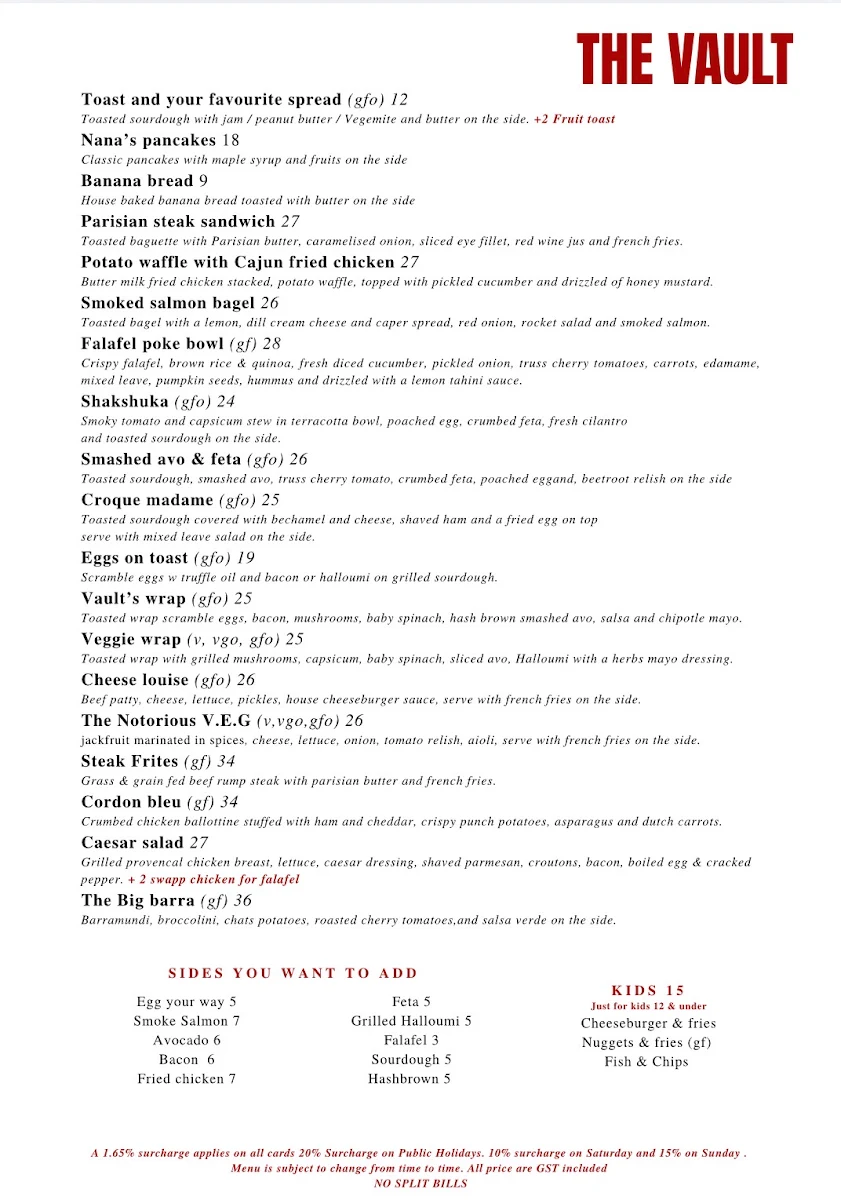 Menu, The Vault