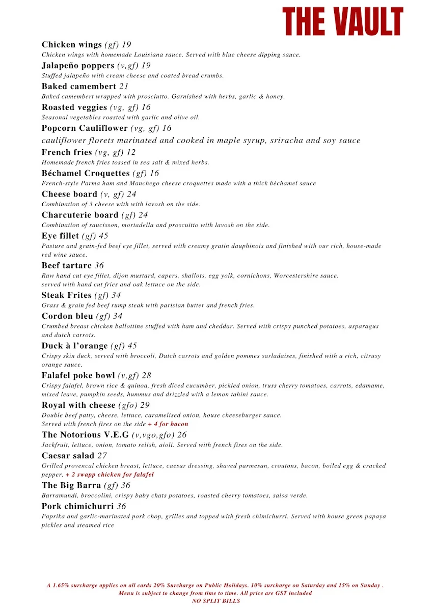 Menu, The Vault