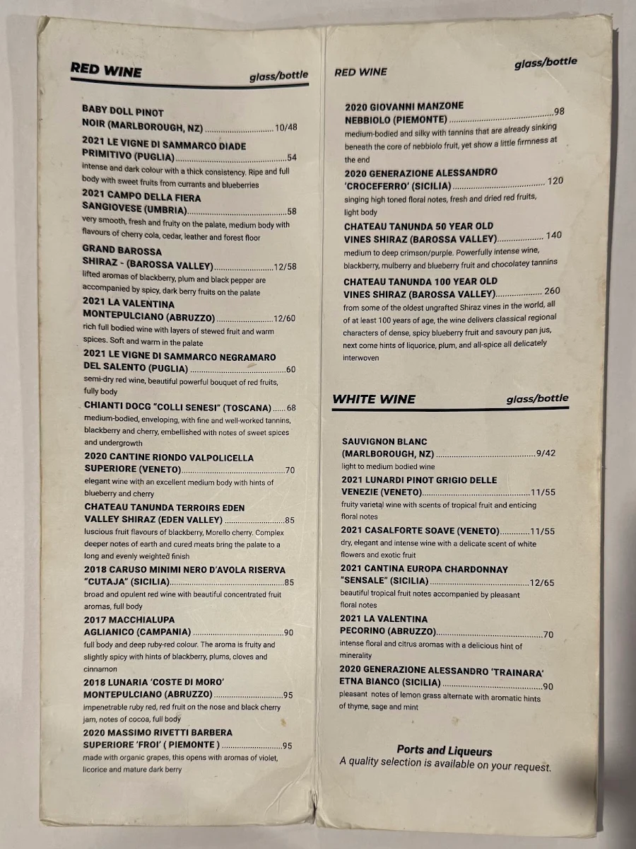 Menu, Casa Del Vino