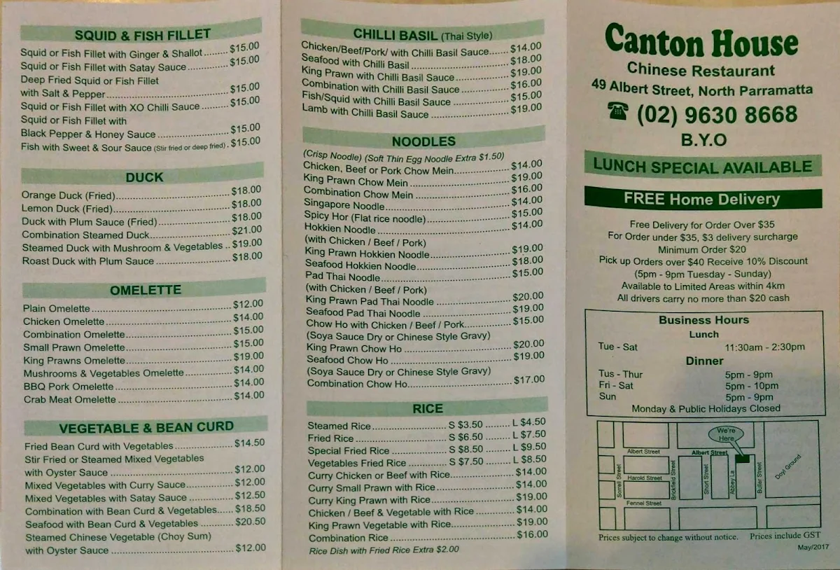 Menu, Canton House