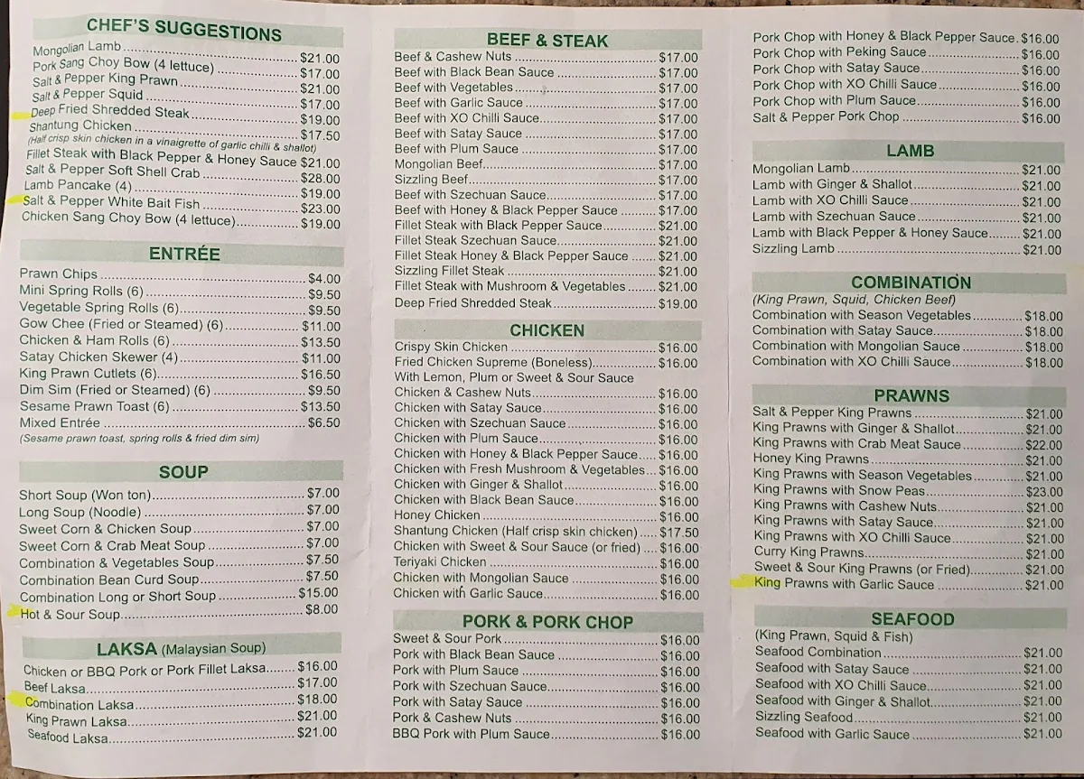Menu, Canton House