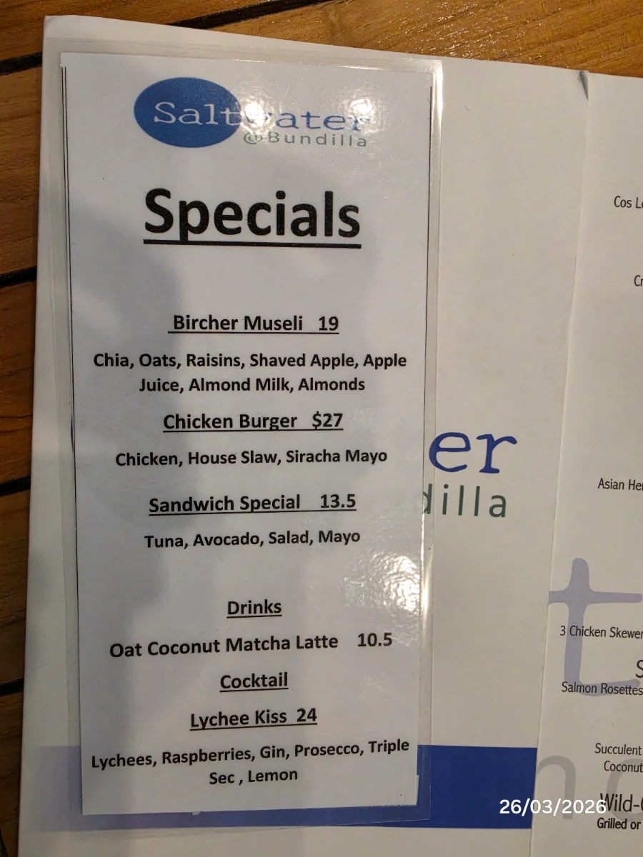 Menu, Saltwater @ Bundilla