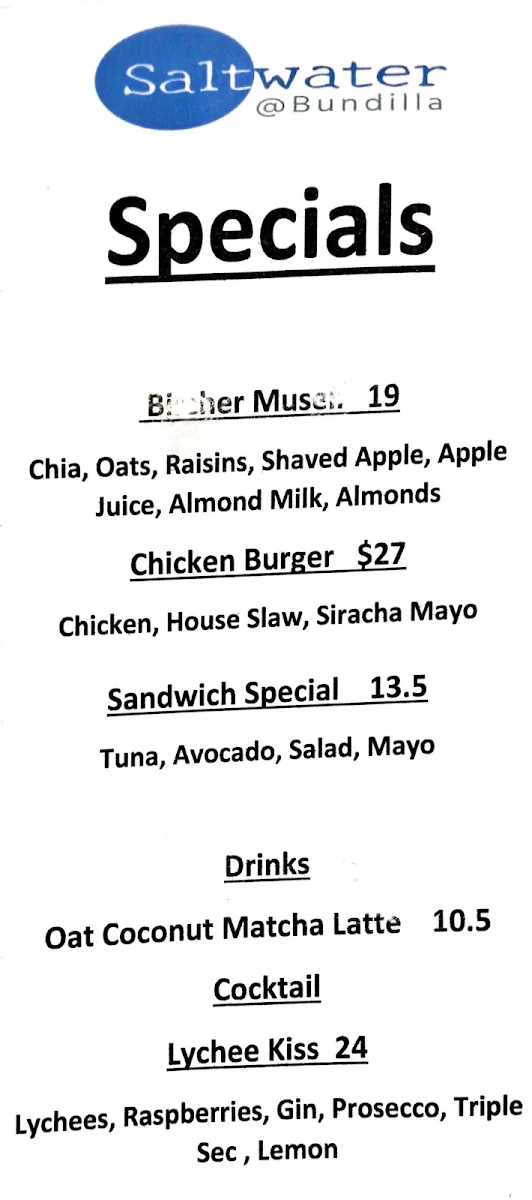 Menu, Saltwater @ Bundilla